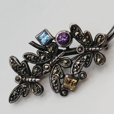 Sterling 925 Multi Gem Butterfly Brooch Pin