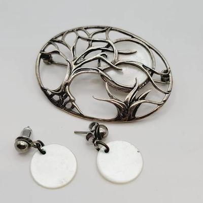 Sterling Mother of Pearl Pin and Earrings Moon and Tree Celestial Luna