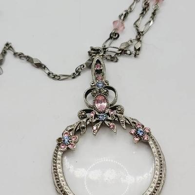 Magnifying Glass Necklace Pink Rhinestone 