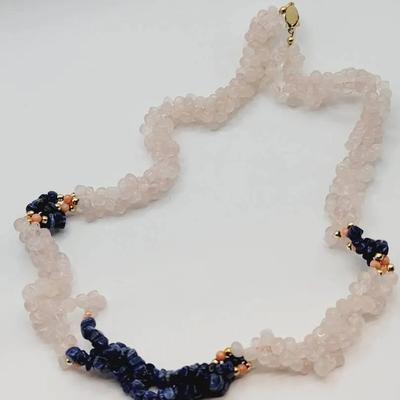 Rose Quartz And Lapis Twist Strand Necklace