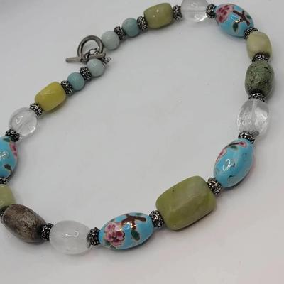 Handpainted Ceramic And Gem Beaded Necklace 