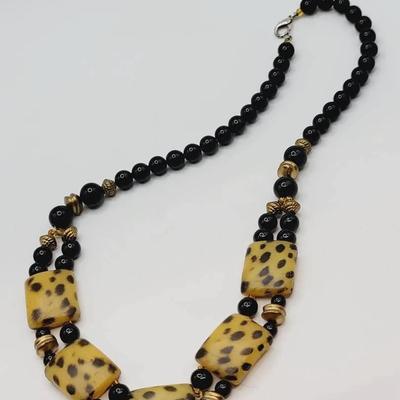 Leopold Print Focal Bead Black And Gold Necklace Vintage 