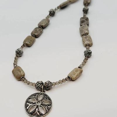Sand Dollar Pendant Fossil Bead Necklace 