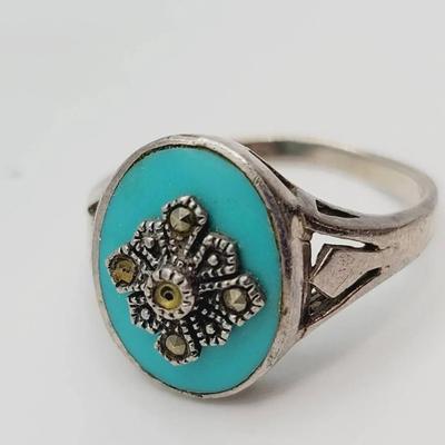 Sterling 925 Ring Size 9 Turquoise And Hematite 