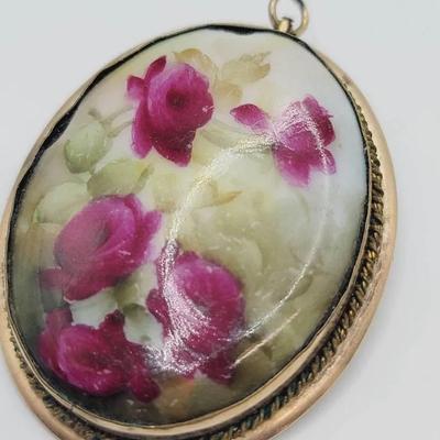Gold Plate Hand Painted Pin Pendant Antique Victorian 