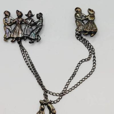 Linked Sterling Pins Dutch Children Chained Brooch