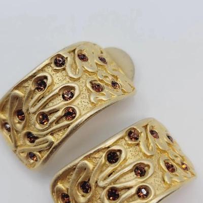 Norma Jean Squiggle Rhinestone Clip Earrings Gold Tone