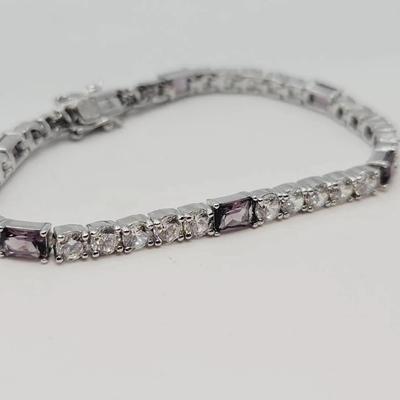 Sterling CZ Purple and Clear Silver Tennis Bracelet 925