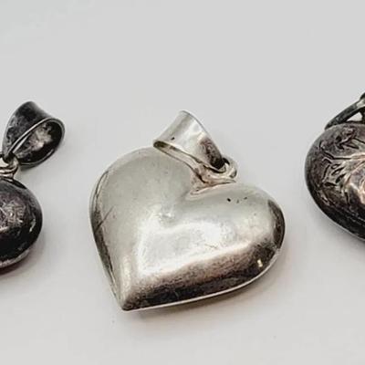 Sterling Vintage Puffy Heart Necklace Pendants 3 pc