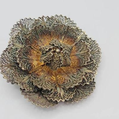 Sterling Silver 925 Gorgeous Filigree Flower Pin Vintage 