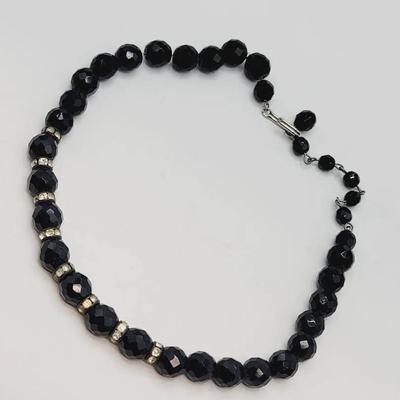 Faceted Black Glass and Rhinestone Necklace Vintage 