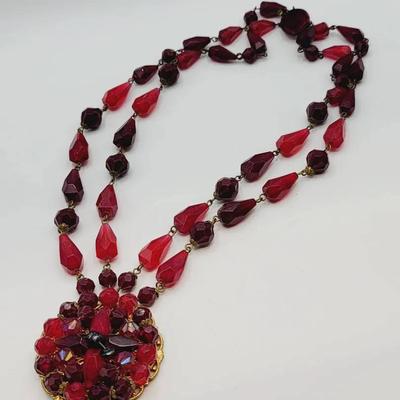 Ruby Red Czech Necklace Beaded Chain and Medallion Vintage 