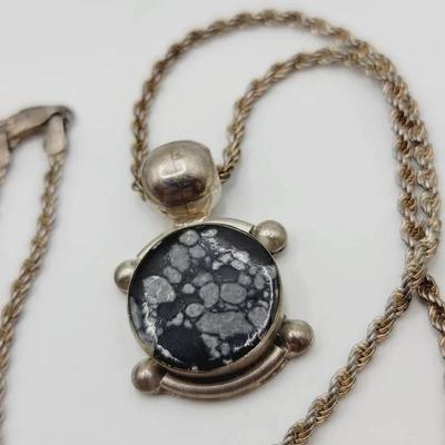 Sterling Silver 925 Necklace with Snowflake Obsidian Pendant 