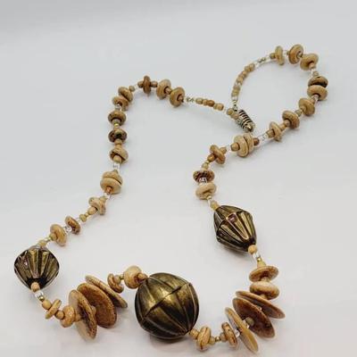 Dramatic Large Beaded Bone and Brass Necklace 