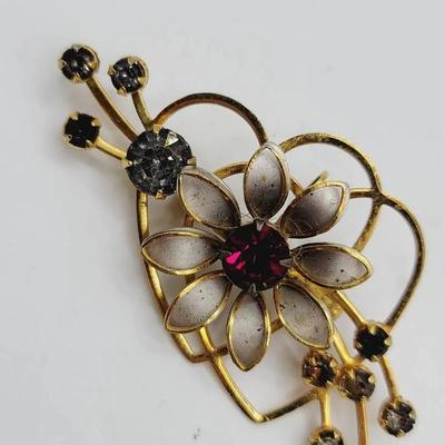 Floral Double Heart Pin Gold Tone with Red Rhinestone 