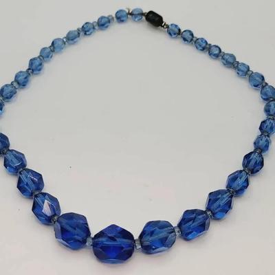 Czech Faceted Blue Glass Bead Necklace Antique 