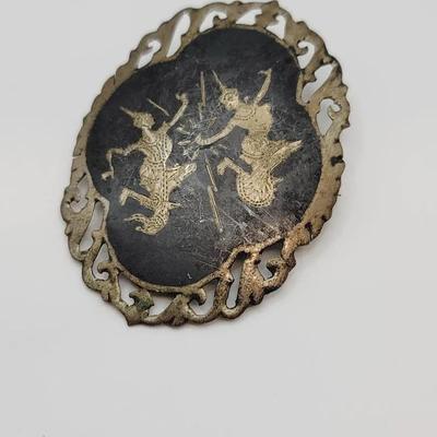 925 Sterling Silver Siam Niello Dancer Pin Cut Work Edge 