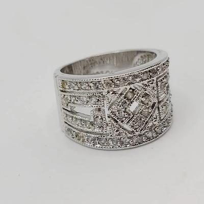 925 Sterling Silver Art Deco Sz 7 CZ Wide Band Ring 5