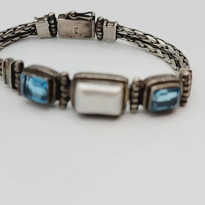 Sterling Pearl Topaz Heavy Double Chain Bracelet 