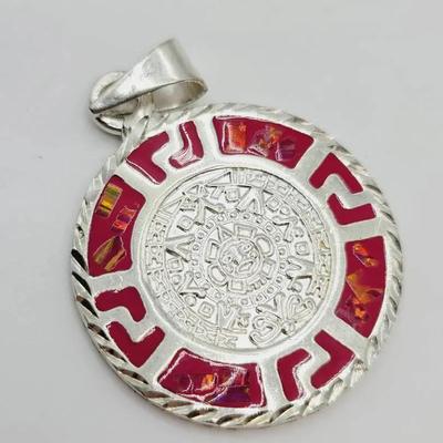 Mexico Sterling 925 Abalone Resin Inlay Mayan Calender Necklace 