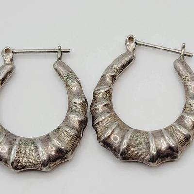 Bamboo Textured Sterling Silver Hoop Earrings