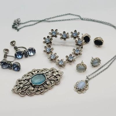 Blues Costume Jewelry Set - Sarah Cov 1928 and More Glass and Rhinestone Vintage 