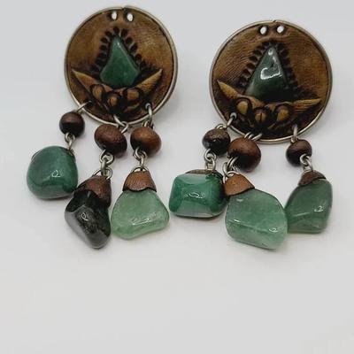 Artisan Green Stone Jade or Aventurine Pierced Earrings 