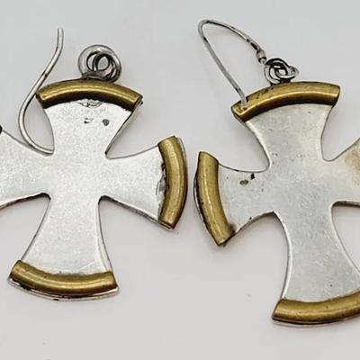 Sterling And Brass Cross Earrings Silver 925