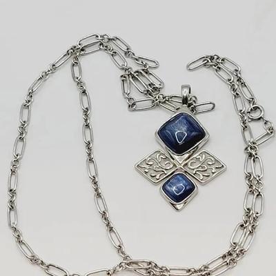 Sterling Blue Stone Pendant Necklace Geometric And Scroll