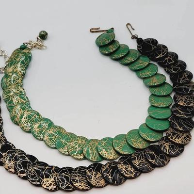 2 pc Gold Spatter Green and Black Disc Necklaces 