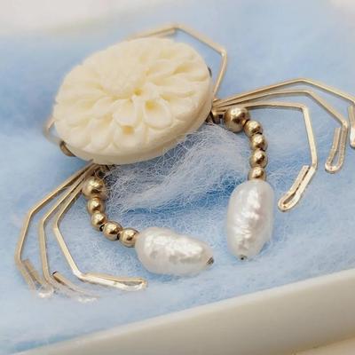 Crab Pin Carved Bone Pearl Gold Wire Vintage 