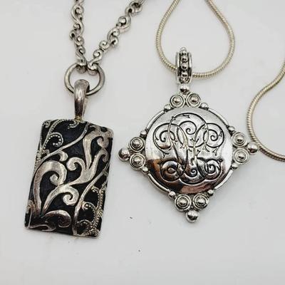 2 pc Victorian Revival Silver Tone Necklaces Etch and Scroll