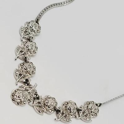 Sterling Marcasite Rose Necklace 925 Silver Art Deco