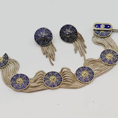 Turkish Enamel Sterling Bracelet And Earrings Rare