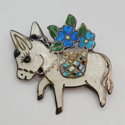 Mexico Artisan Sterling 925 Enamel Donkey Pin Vintage 