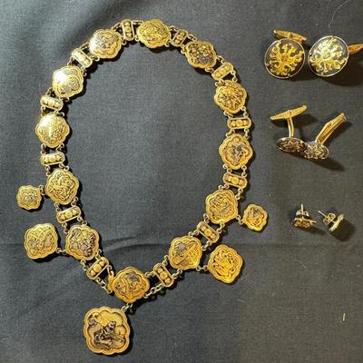 LCJ-005 Vintage Damascene Jewelry, black and gold tone cufflinks, shirt studs and earrings