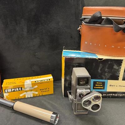 SS520 - Antique 8mm Movie Camera, Empire Telescope, Bell Howard Case