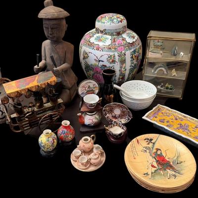 JL513 - Asian Eclectic group, Porcelain jar approximately 10" tall, wooden figure approx. 12" tall