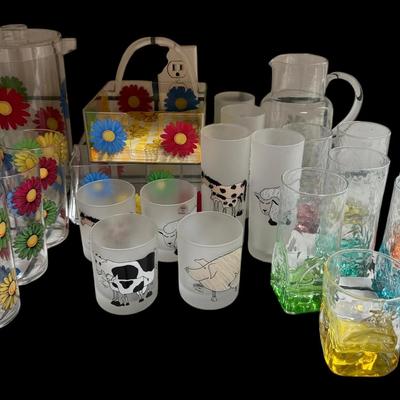 JL504 - Fun Acrylic Picnic Set, whimsical animal glasses and colorful glass group.