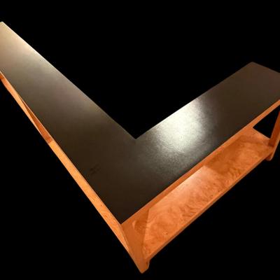 JL109 - L Shape Custom Sofa Table - Burl Maple Veneer, Black Veneer Top.