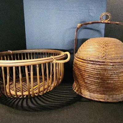 (2) Vintage Handwoven Round Baskets - Chinese Wedding or Betrothal Basket with Lid & Bamboo Ratan