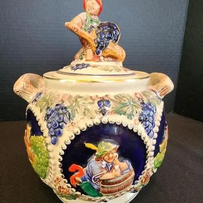 Simon Peter Gerz German Vintage Stoneware Castle Cookie Jar With Lid, Double Handled - 1950s