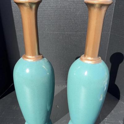 MCM Vases Set Of 2 - Turquoise & Gold - Tall 30"
