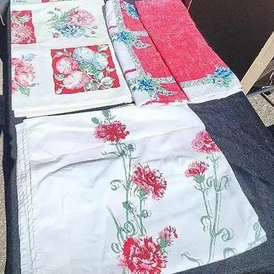 3 Cherry Red, Blue & Green Floral Cotton Tablecloths - Vibrant and in Excellent Condition