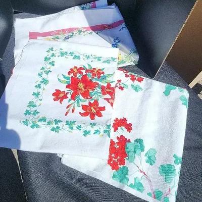 3 Vibrant Red and Green Floral Heavy Cotton Tablecloths on White - Daylily