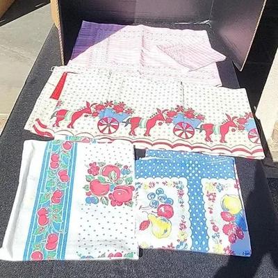 Vibrant Fruit & Donkey Carriage Vintage Linens - Cute Patterns on these Cotton Tablecloths & Napkins