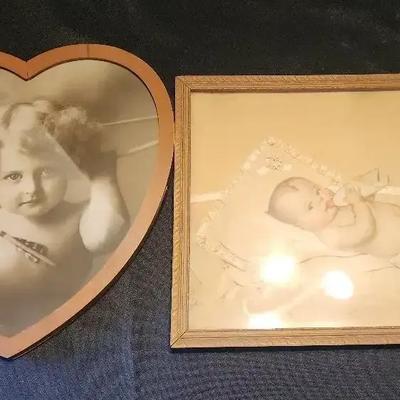 Antique Cupid Awake Sepia Print in Wood Heart Shaped Frame  & Baby Card in Ornate Frame