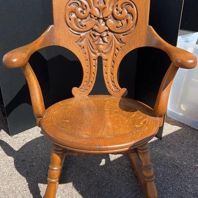 Antique Oak Carved Old Man of the North Wind Rocking Chair - Tiger Oak