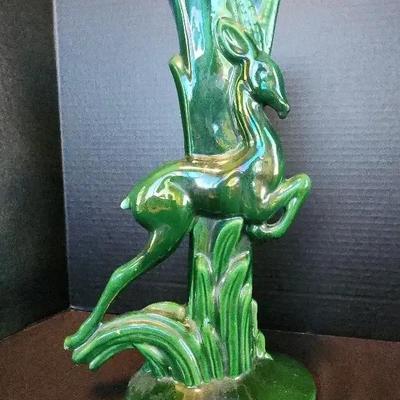 Royal Haegar Leaping Gazelle Vase Art Deco Style Planter, Deep Green, 14" Tall - Model #R706