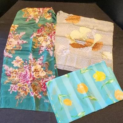 2 Turquoise Floral Silk Echo Shawls and Polyester Symphony Scarf - Italy